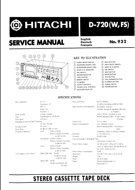 HITACHI D-720 SERVICE MANUAL IN ENGLISH DEUTSCH FRANCAIS STEREO CASSETTE TAPE DECK