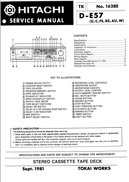 HITACHI D-E57 SERVICE MANUAL IN ENGLISH STEREO CASSETTE TAPE DECK