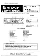 Load image into Gallery viewer, HITACHI D-E95 SERVICE MANUAL IN ENGLISH STEREO CASSETTE TAPE DECK
