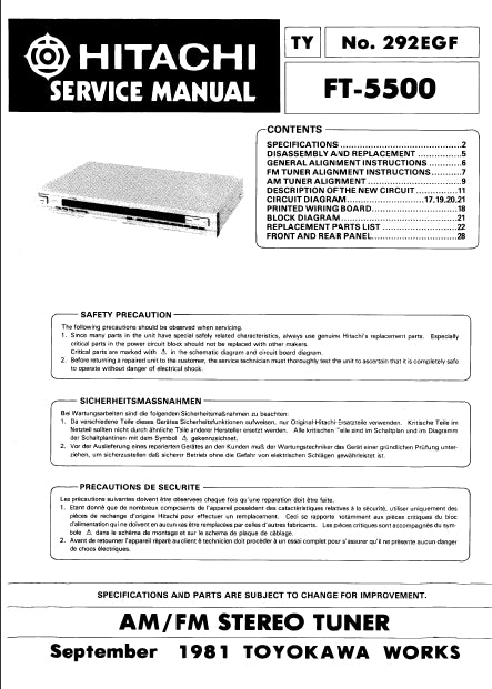 HITACHI FT-5500 SERVICE MANUAL BOOK IN ENGLISH FRANC DEUT AM FM STEREO TUNER