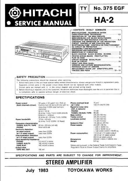 HITACHI HA-2 SERVICE MANUAL IN ENGLISH STEREO AMPLIFIER