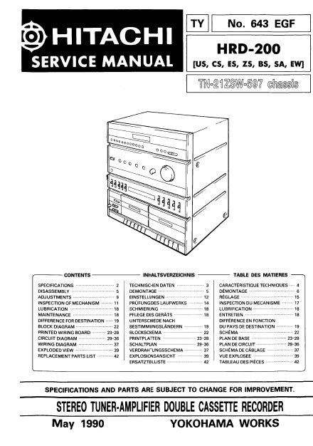 HITACHI HRD-200 SERVICE MANUAL IN ENG DEUT FRANC STEREO TUNER-AMPLIFIER DOUBLE CASSETTE RECORDER