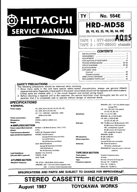 HITACHI HRD-MD58 SERVICE MANUAL IN ENGLISH STEREO CASSETTE RECEIVER