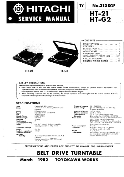 HITACHI HT-21 HT-G2 SERVICE MANUAL IN ENGLISH BELT DRIVE TURNTABLE