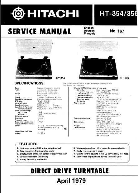 HITACHI HT-354 HT-356 SERVICE MANUAL DIRECT DRIVE TURNTABLE