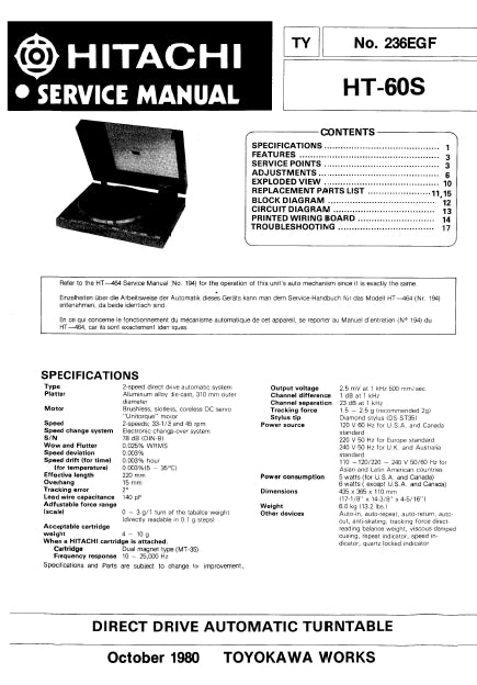 HITACHI HT-60S SERVICE MANUAL ENGLISH DEUTSCH FRANCAIS DIRECT DRIVE AUTOMATIC TURNTABLE