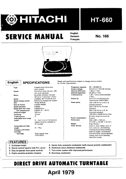 HITACHI HT-660 SERVICE MANUAL IN ENGLISH DIRECT DRIVE AUTOMATIC TURNTABLE