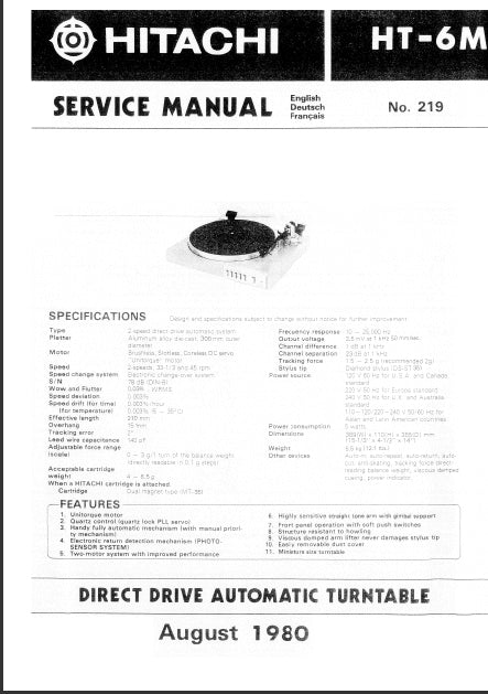 HITACHI HT-6M SERVICE MANUAL ENGLISH DEUTSCH FRANCAIS DIRECT DRIVE AUTOMATIC TURNTABLE