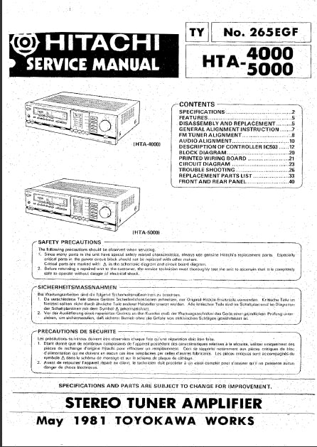 HITACHI HTA-4000 HTA-5000 SERVICE MANUAL ENGLISH DEUTSCH FRANCAIS STEREO TUNER AMPLIFIER