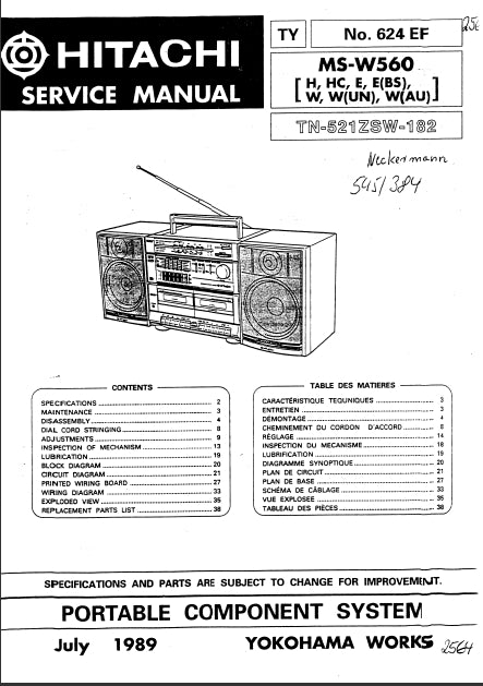 HITACHI MS-W560 SERVICE MANUAL IN ENGLISH PORTABLE COMPONENT SYSTEM