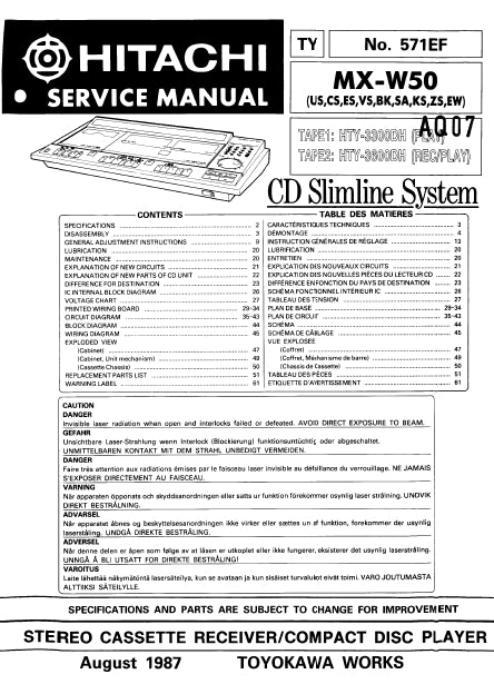 HITACHI MX-W50 SERVICE MANUAL IN ENGLISH STEREO CASSETTE RECEIVER/CD PLAYER