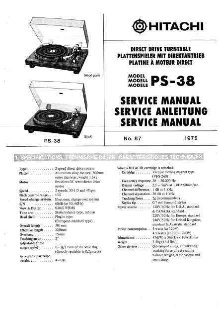 HITACHI PS-38 SERVICE MANUAL ENGLISH DEUTSCH FRANCAIS DIRECT DRIVE TURNTABLE