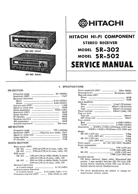 HITACHI SR-302 SR-502 SERVICE MANUAL IN ENGLISH STEREO RECEIVER