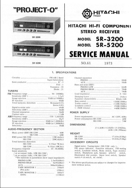 HITACHI SR-3200 SR-5200 SERVICE MANUAL ENG STEREO RECEIVER