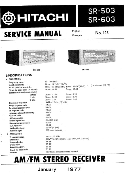 HITACHI SR-503 SR-603 SERVICE MANUAL ENG FRANC AM FM STEREO RECEIVER