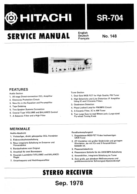 HITACHI SR-704 SERVICE MANUAL STEREO RECEIVER ENG DEUT FRANC