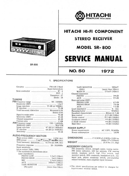 HITACHI SR-800 SERVICE MANUAL IN ENGLISH STEREO RECEIVER