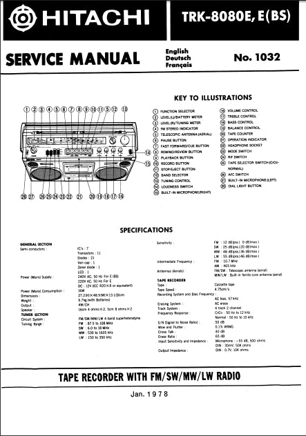 HITACHI TRK-8080E SERVICE MANUAL CASSETTE TAPE RECORDER WITH FM SW MW LW RADIO