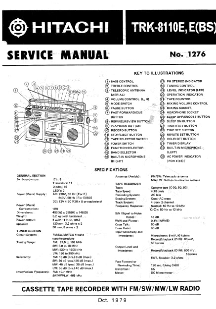 HITACHI TRK-8110E SERVICE MANUAL CASSETTE TAPE RECORDER WITH FM SW MW LW RADIO