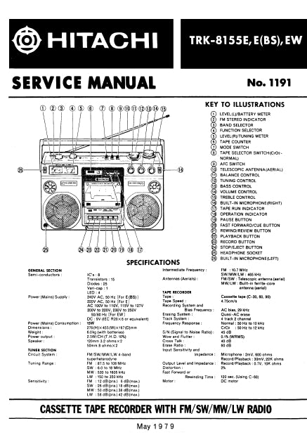 HITACHI TRK-8155E SERVICE MANUAL CASSETTE TAPE RECORDER WITH FM SW MW LW RADIO