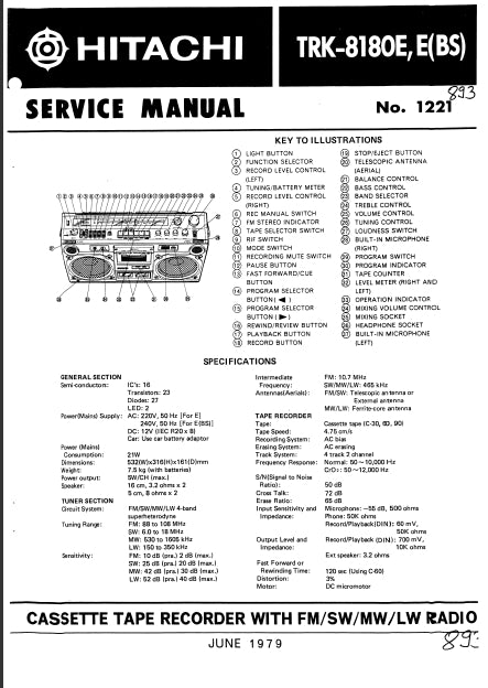 HITACHI TRK-8180E SERVICE MANUAL CASSETTE TAPE RECORDER WITH FM SW MW LW RADIO