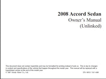 Load image into Gallery viewer, HONDA ACCORD SEDAN 2008 OWNERS MANUAL IN ENGLISH MOTOR CAR
