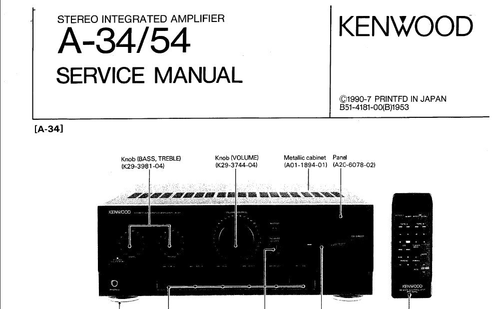 KENWOOD A-34 A-54 SERVICE MANUAL ENGLISH STEREO INTEGRATED AMPLIFIER