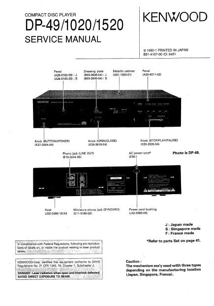 KENWOOD DP-49 DP-1020 DP-1520 SERVICE MANUAL ENGLISH CD PLAYER