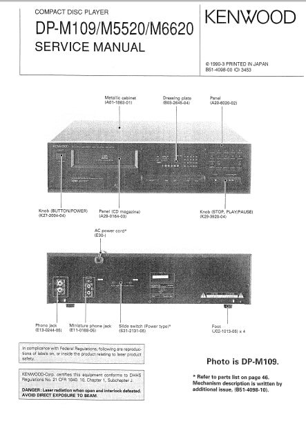 KENWOOD DP-M109 DP-M5520 DP-M6620 SERVICE MANUAL ENGLISH CD PLAYER