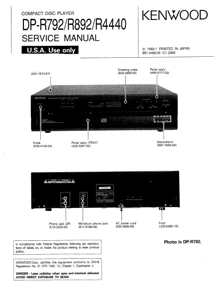 KENWOOD DP-R792 DP-R892 DP-R4440 SERVICE MANUAL ENGLISH CD PLAYER