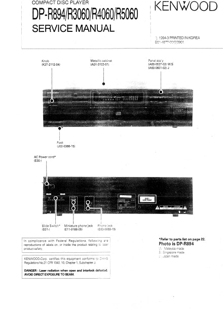 KENWOOD DP-R894 DP-R3060 DP-R4060 DP-R5060 SERVICE MANUAL ENGLISH CD PLAYER