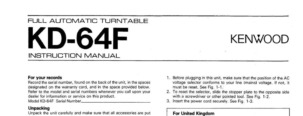 KENWOOD KD-64F INSTRUCTION MANUAL ENGLISH FULL AUTOMATIC TURNTABLE