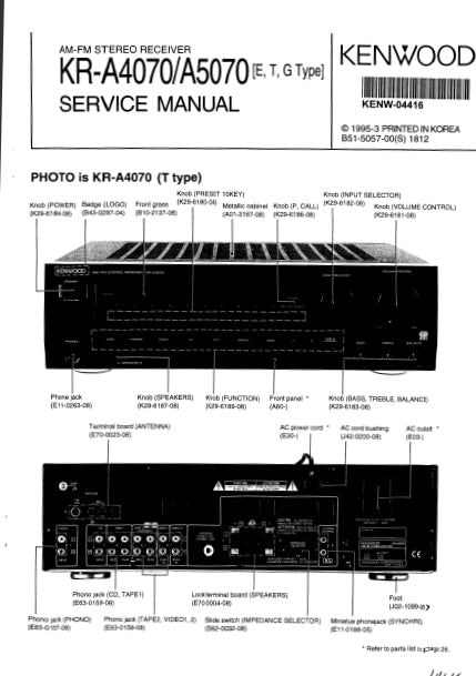 KENWOOD KR-A4070 KR-A5070 SERVICE MANUAL ENGLISH AM FM STEREO RECEIVER