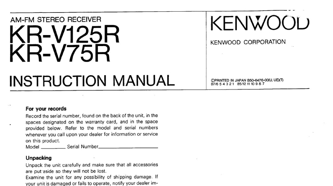 KENWOOD KR-V125R KR-V75R INSTRUCTION MANUAL ENGLISH AM FM STEREO RECEIVER