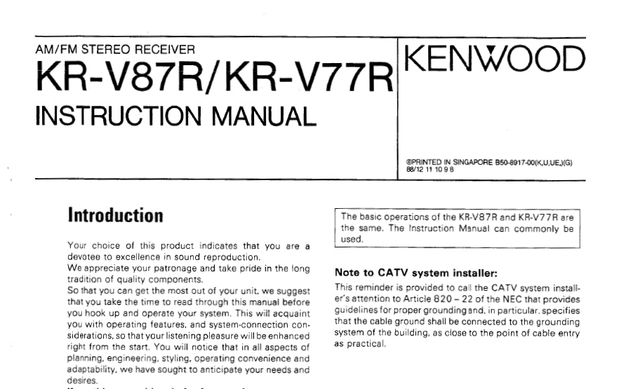 KENWOOD KR-V87R KR-V77R INSTRUCTION MANUAL ENGLISH AM FM STEREO RECEIVER