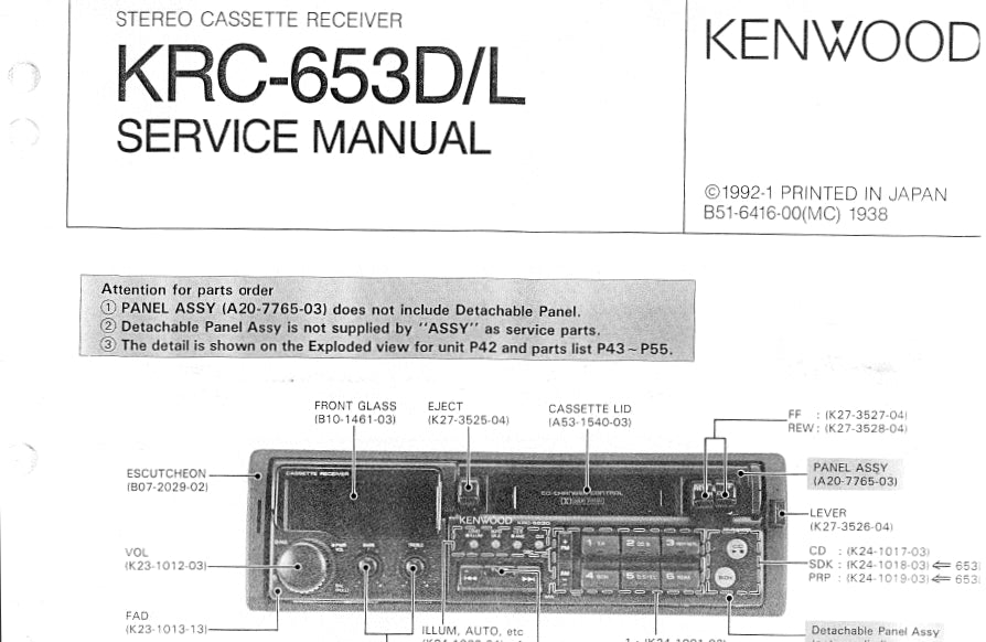 KENWOOD KRC-653D KRC-653L SERVICE MANUAL ENGLISH STEREO CASSETTE RECEIVER