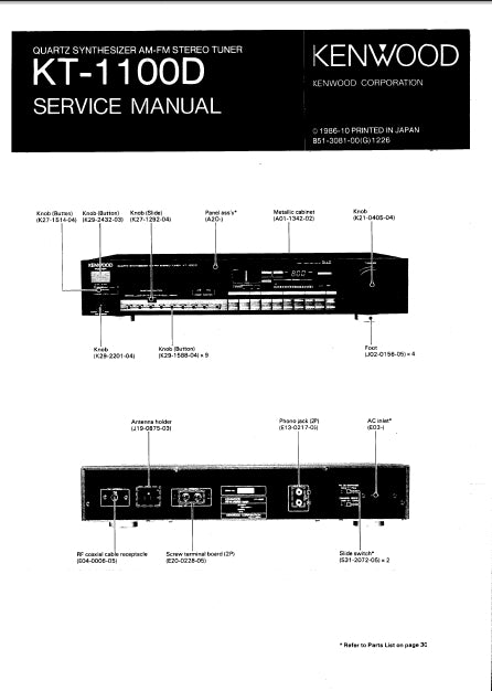 KENWOOD KT-1100D SERVICE MANUAL ENGLISH QUARTZ SYNTHESIZER AM FM STEREO TUNER