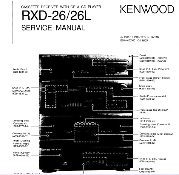 KENWOOD RXD-26 RXD-26L SERVICE MANUAL ENGLISH STEREO CASSETTE RECEIVER WITH GE AND CD PLAYER