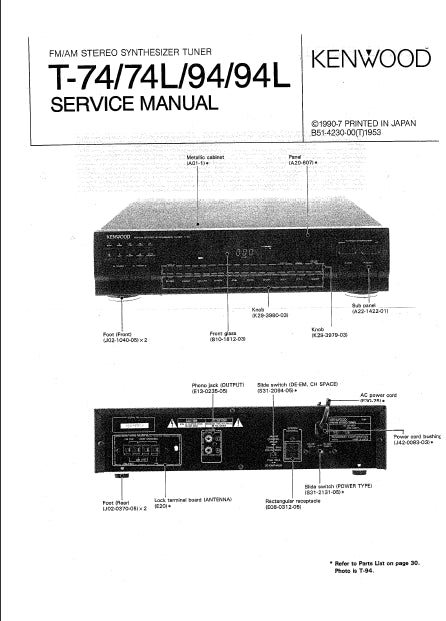 KENWOOD T-74 T-74L T-94 T-94L SERVICE MANUAL ENGLISH FM AM STEREO SYNTHESIZER TUNER