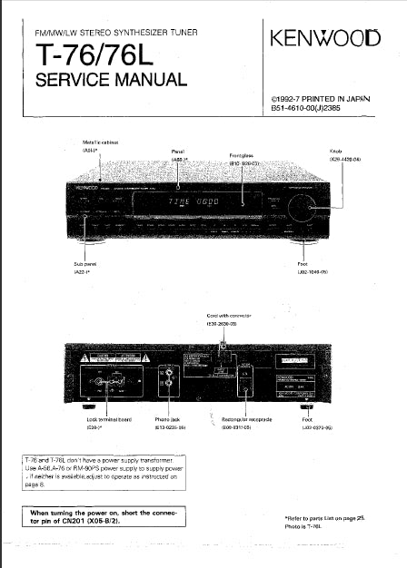 KENWOOD T-76 T-76L SERVICE MANUAL ENGLISH FM MW LW STEREO SYNTHESIZER TUNER