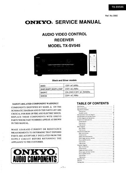 ONKYO TX-SV545 SERVICE MANUAL IN ENGLISH AV CONTROL RECEIVER