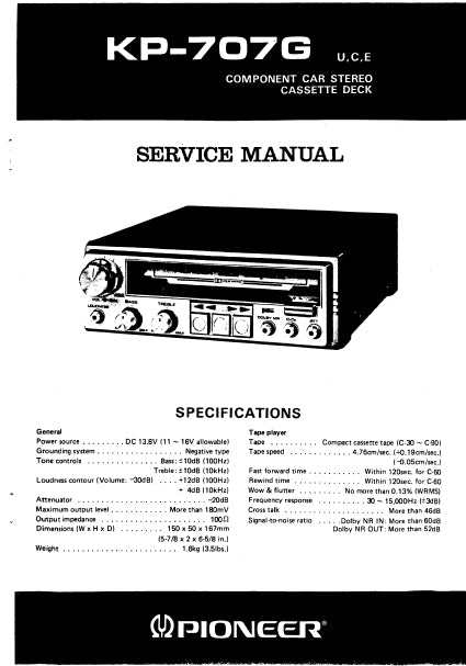 PIONEER KP-707G SERVICE MANUAL ENGLISH COMPONENT CAR STEREO CASSETTE D ...