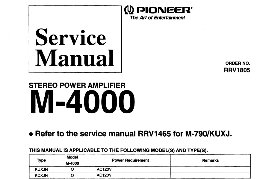 PIONEER M4000 M-790 SERVICE MANUAL ENGLISH STEREO POWER AMPLIFIER