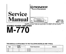 Load image into Gallery viewer, PIONEER M-770 SERVICE MANUAL ENGLISH STEREO POWER AMPLIFIER
