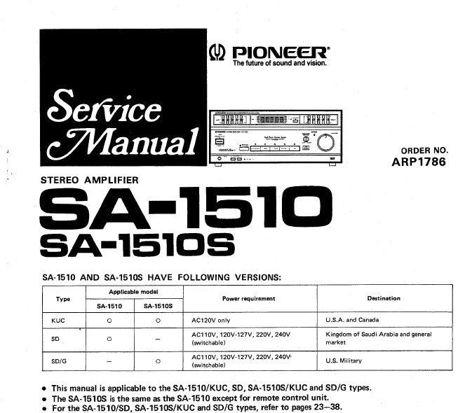 PIONEER SA-1510 SA-1510S SERVICE MANUAL ENGLISH STEREO AMPLIFIER