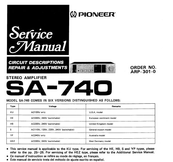 PIONEER SA-740 SERVICE MANUAL ENGLISH STEREO AMPLIFIER – THE MANUAL ARCHIVE