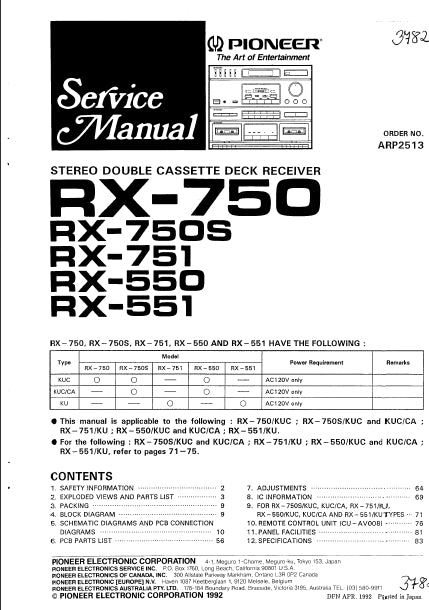 PIONEER RX-750 RX750S RX-751 RX-550 RX-551 SERVICE MANUAL ENGLISH STEREO DOUBLE CASSETTE DECK RECEIVER