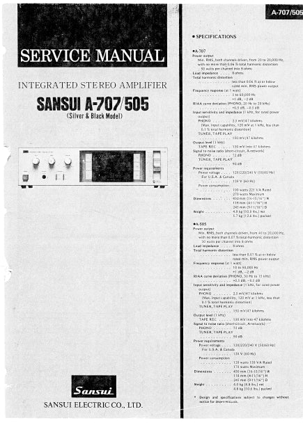 SANSUI A-707 A-505 SERVICE MANUAL IN ENGLISH INTEGRATED STEREO AMPLIFIER