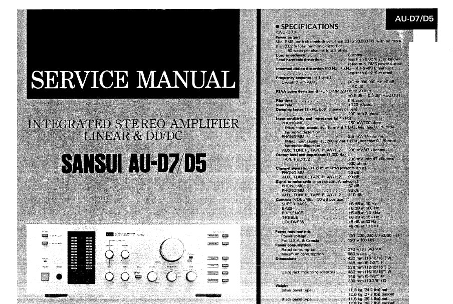 SANSUI AU-D7 AU-D5 SERVICE MANUAL ENGLISH INTEGRATED STEREO AMPLIFIER LINEAR AND DD/DC