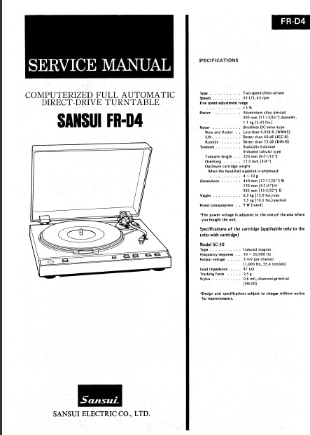 SANSUI FR-D4 SERVICE MANUAL ENGLISH COMPUTERIZED FULL AUTOMATIC DIRECT DRIVE TURNTABLE